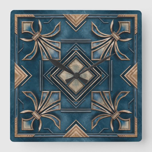  Art Deco Fleur-de-lis - Blauw en goud Vierkante Klok (Voorkant)