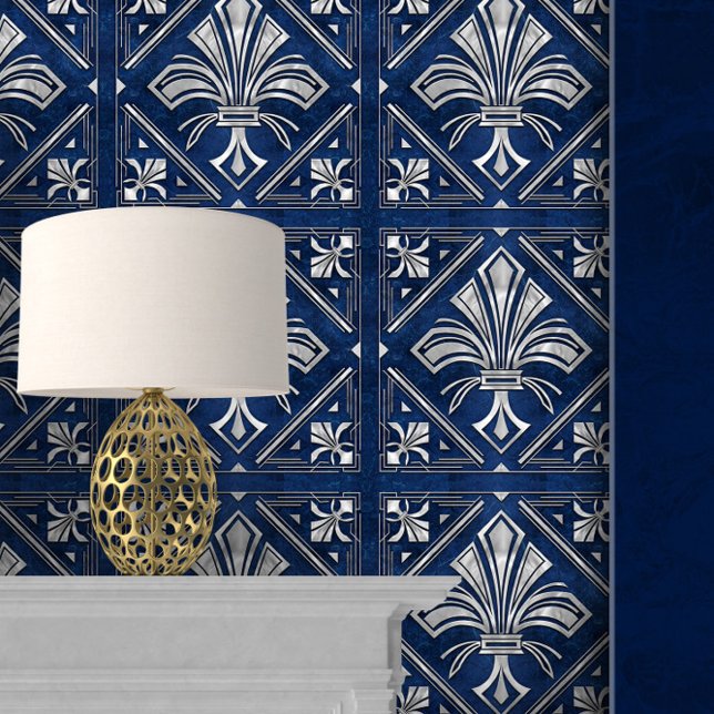 Art Deco Fleur-de-lis Blauw en Parel Behang (Creator heeft geüpload)
