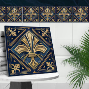 Art Deco Fleur-de-lis - Blauw Marmer en Goud Tegeltje