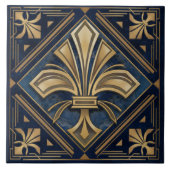 Art Deco Fleur-de-lis - Blauw Marmer en Goud Tegeltje (Voorkant)