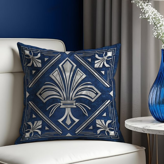 Art Deco Fleur-de-lis Blauw marmer en Parel Kussen (Creator heeft geüpload)