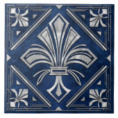 Art Deco Fleur-de-lis - blauw marmer en parel Tegeltje (Voorkant)
