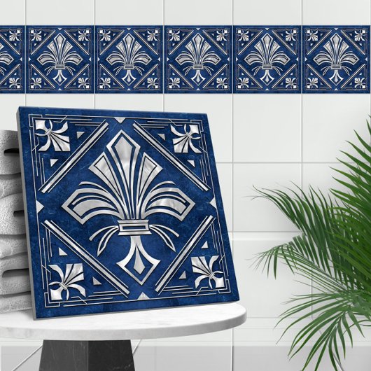 Art Deco Fleur-de-lis - blauw marmer en parel Tegeltje