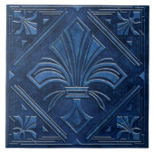 Art Deco Fleur-de-lis - Blauw Marmer Tegeltje (Voorkant)