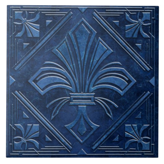 Art Deco Fleur-de-lis - Blauw Marmer Tegeltje (Voorkant)