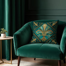  Art Deco Fleur-de-lis - Groen en goud Kussen