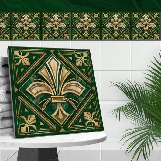 Art Deco Fleur-de-lis - Groen Marmer en Goud Tegeltje
