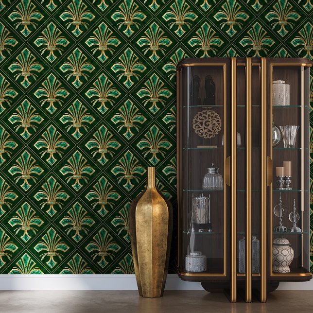 Art Deco Fleur-de-lis Malachiet en goud Behang (Creator heeft geüpload)