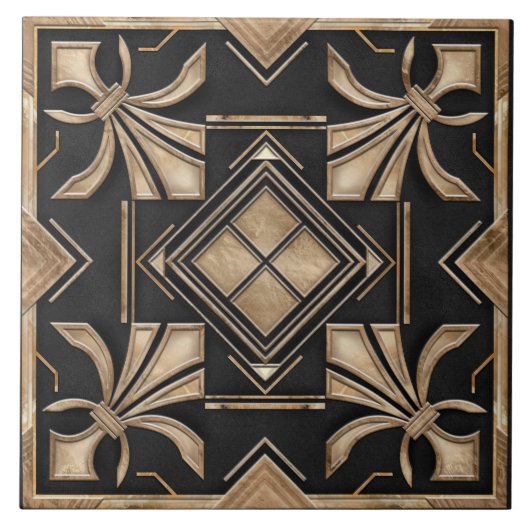 Art Deco Fleur-de-lis - Zwart en Goud Tegeltje (Voorkant)