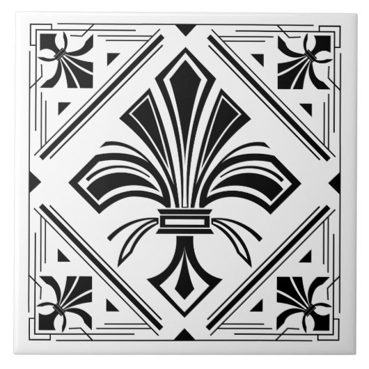 Art Deco Fleur-de-lis - zwart en wit Tegeltje (Voorkant)