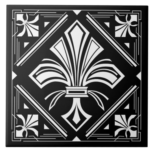 Art Deco Fleur-de-lis - zwart en wit Tegeltje (Voorkant)