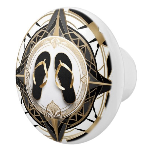 Art Deco Flip Flop schoenen Zwart Wit Goud Keramische Knop (Rechts)