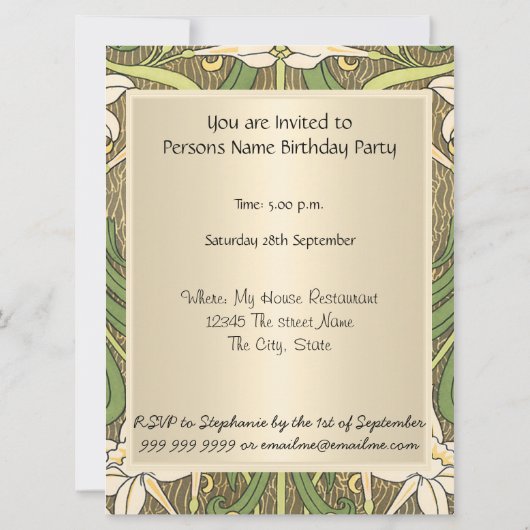  Art Deco Floral Birthday Party Kaart (Achterkant)