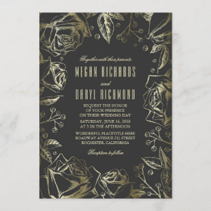 Art Deco Floral Black en Gold Wedding Kaart