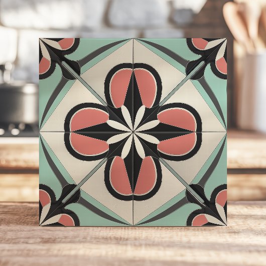 Art Deco Floral Design in roze, zwart en munt Tegeltje