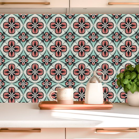 Art Deco Floral Design in roze, zwart en munt Tegeltje