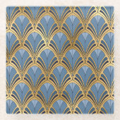 Art Deco  Floral Fan Pattern Blue Gold Glazen Onderzetter (Voorkant)