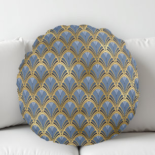 Art Deco  Floral Fan Pattern Blue Gold Rond Kussen