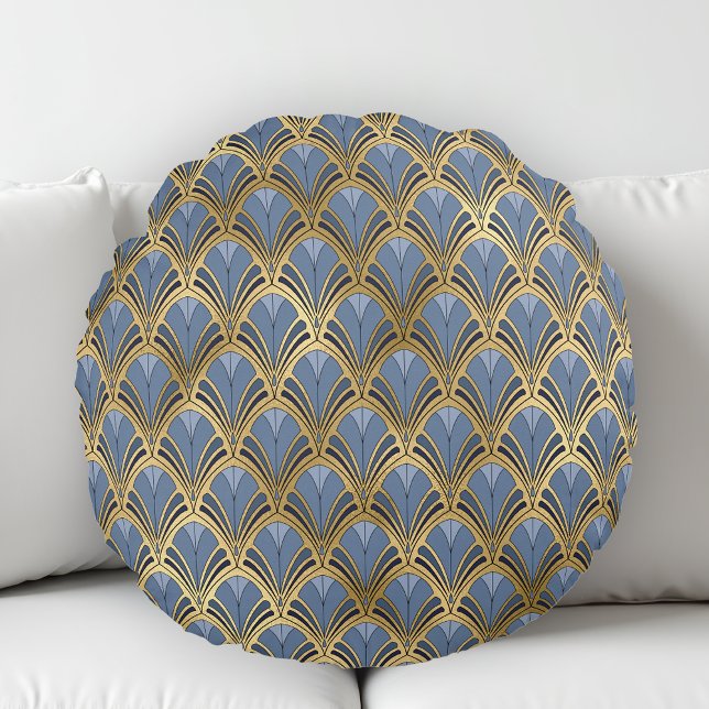Art Deco  Floral Fan Pattern Blue Gold Rond Kussen (Creator heeft geüpload)