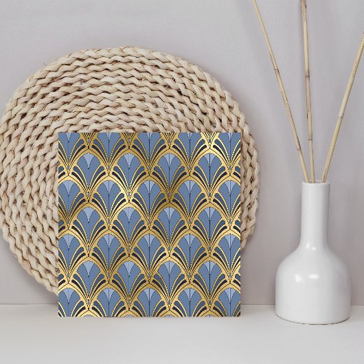 Art Deco  Floral Fan Pattern Blue Gold Tegeltje
