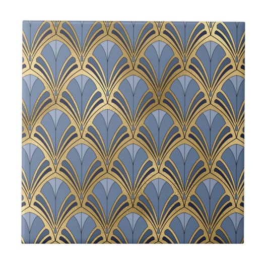 Art Deco  Floral Fan Pattern Blue Gold Tegeltje (Voorkant)