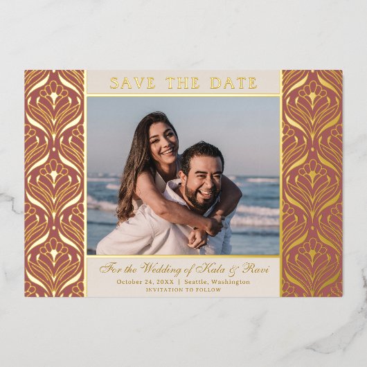 Art Deco Floral Lotus Bruiloft Save The Date Gold Folie Uitnodiging (Voorkant)