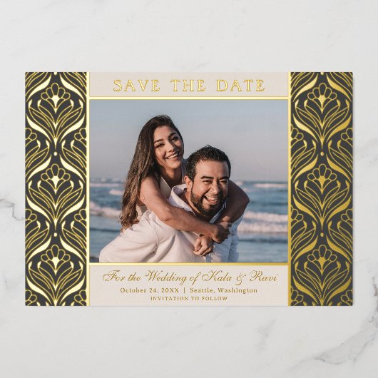 Art Deco Floral Lotus Bruiloft Save The Date Gold Folie Uitnodiging (Voorkant)