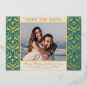 Art Deco Floral Lotus Bruiloft Save The Date Gold Folie Uitnodiging (Voorkant)