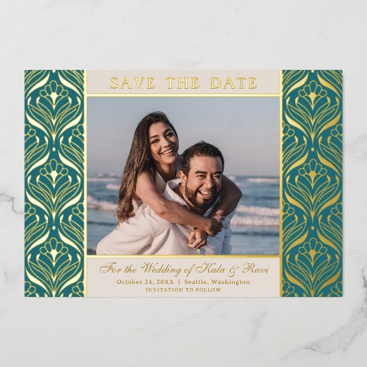 Art Deco Floral Lotus Bruiloft Save The Date Gold Folie Uitnodiging (Voorkant)