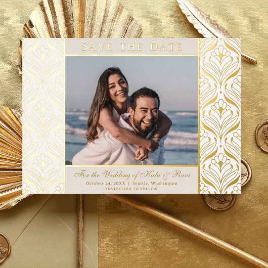 Art Deco Floral Lotus Bruiloft Save The Date Gold Folie Uitnodiging