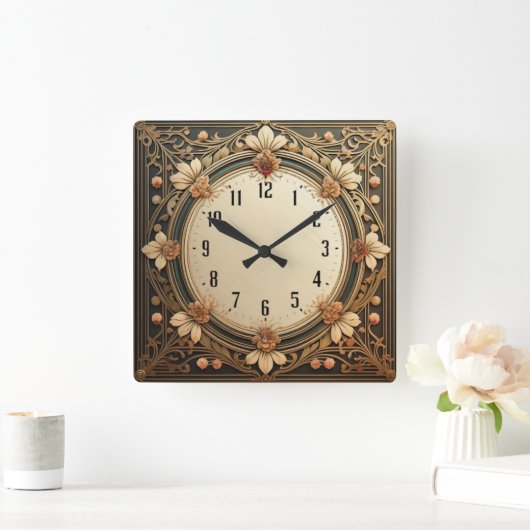 Art Deco Flowers Vierkante Klok (Huis)