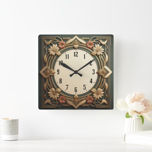 Art Deco Flowers Vierkante Klok (Huis)