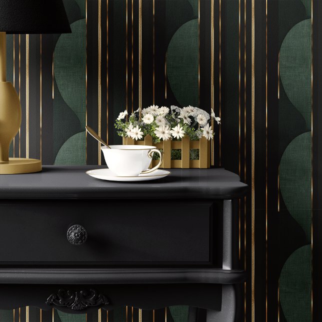 Art Deco Forest Green en Gold Circle Stripe Behang (Creator heeft geüpload)