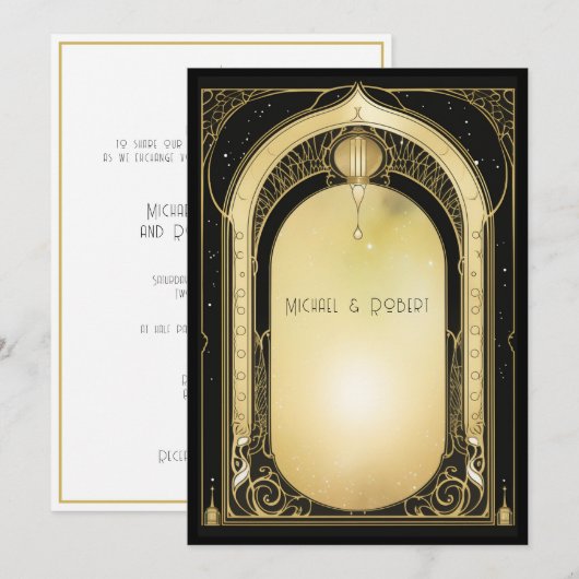 Art Deco Formele Zwarte & Gouden Bruiloft Kaart (Voorkant / Achterkant)