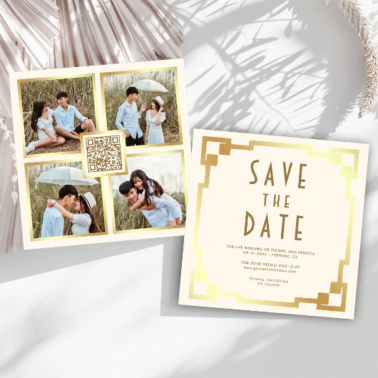 Art Deco Frame Crème Goud QR Code Trouwen Save The Date
