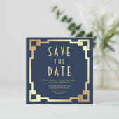 Art Deco Frame Navyblauw Goud QR Code Huwelijk Save The Date (Staand voorkant)