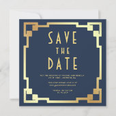 Art Deco Frame Navyblauw Goud QR Code Huwelijk Save The Date (Voorkant)