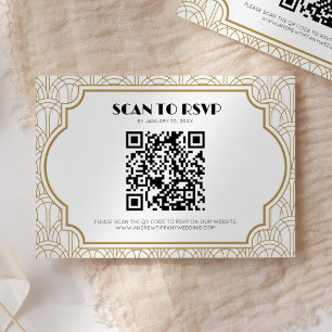Art Deco Gatsby 1920s Bruiloft Wit Goud QR Code RSVP Kaartje