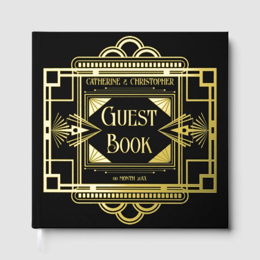 Art deco Gatsby 20's zwart echt folie goud Gastenboek (Voorkant)