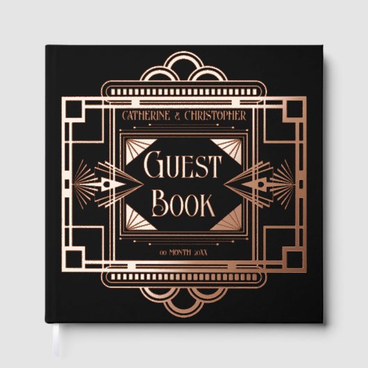 Art deco Gatsby 20's zwart echt folie roos goud Gastenboek (Voorkant)