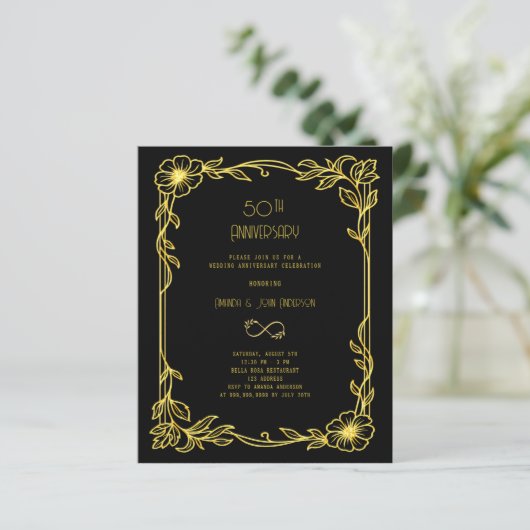 Art Deco Gatsby black 50th wedding invitation (Staand voorkant)
