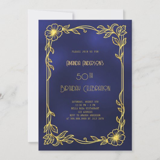 Art Deco Gatsby blue gold birthday Kaart (Voorkant)