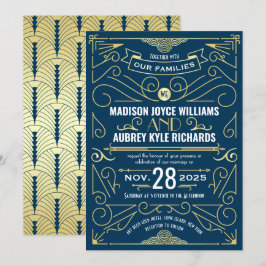 Art Deco Gatsby Bruiloft Elegant Goud Donkerblauw Kaart