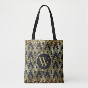 Art Deco Gatsby Glamor Geometric Pattern Monogram Tote Bag