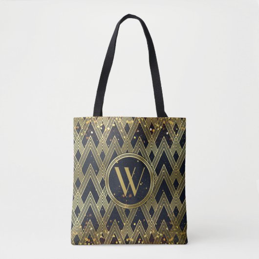 Art Deco Gatsby Glamor Geometric Pattern Monogram Tote Bag (Voorkant)