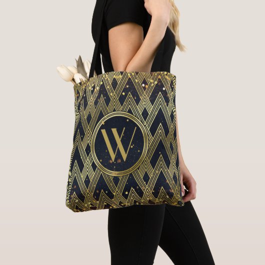 Art Deco Gatsby Glamor Geometric Pattern Monogram Tote Bag (Dichtbij)