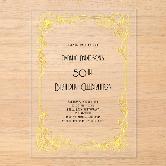 Art Deco Gatsby gouden verjaardag helder Acryl Uitnodigingen (Voorkant)