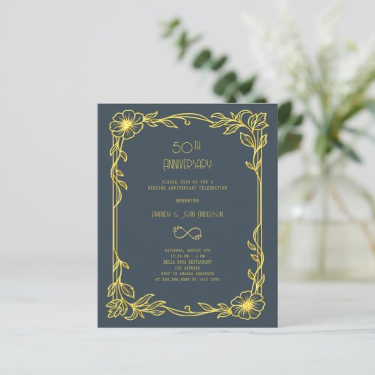 Art Deco Gatsby gray 50th wedding invitation (Staand voorkant)