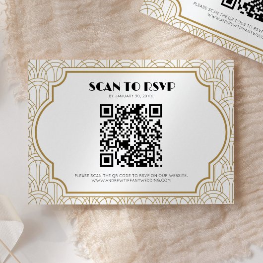 Art Deco Gatsby Jaren 20 Huwelijk Wit Goud QR Code RSVP Kaartje