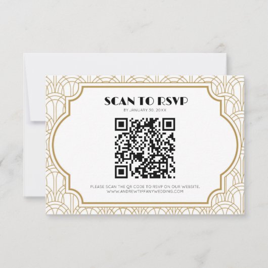 Art Deco Gatsby Jaren 20 Huwelijk Witte Goud QR Co RSVP Kaartje (Voorkant)